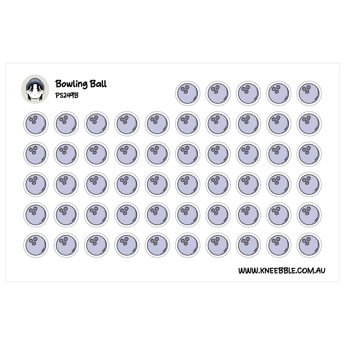 Bowling planner sticker sheet featuring rows of pale purple bowling balls with three finger holes.