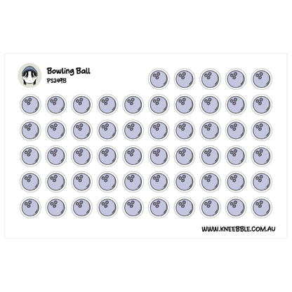 Bowling planner sticker sheet featuring rows of pale purple bowling balls with three finger holes.