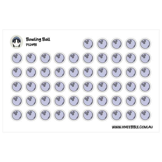 Bowling planner sticker sheet featuring rows of pale purple bowling balls with three finger holes.