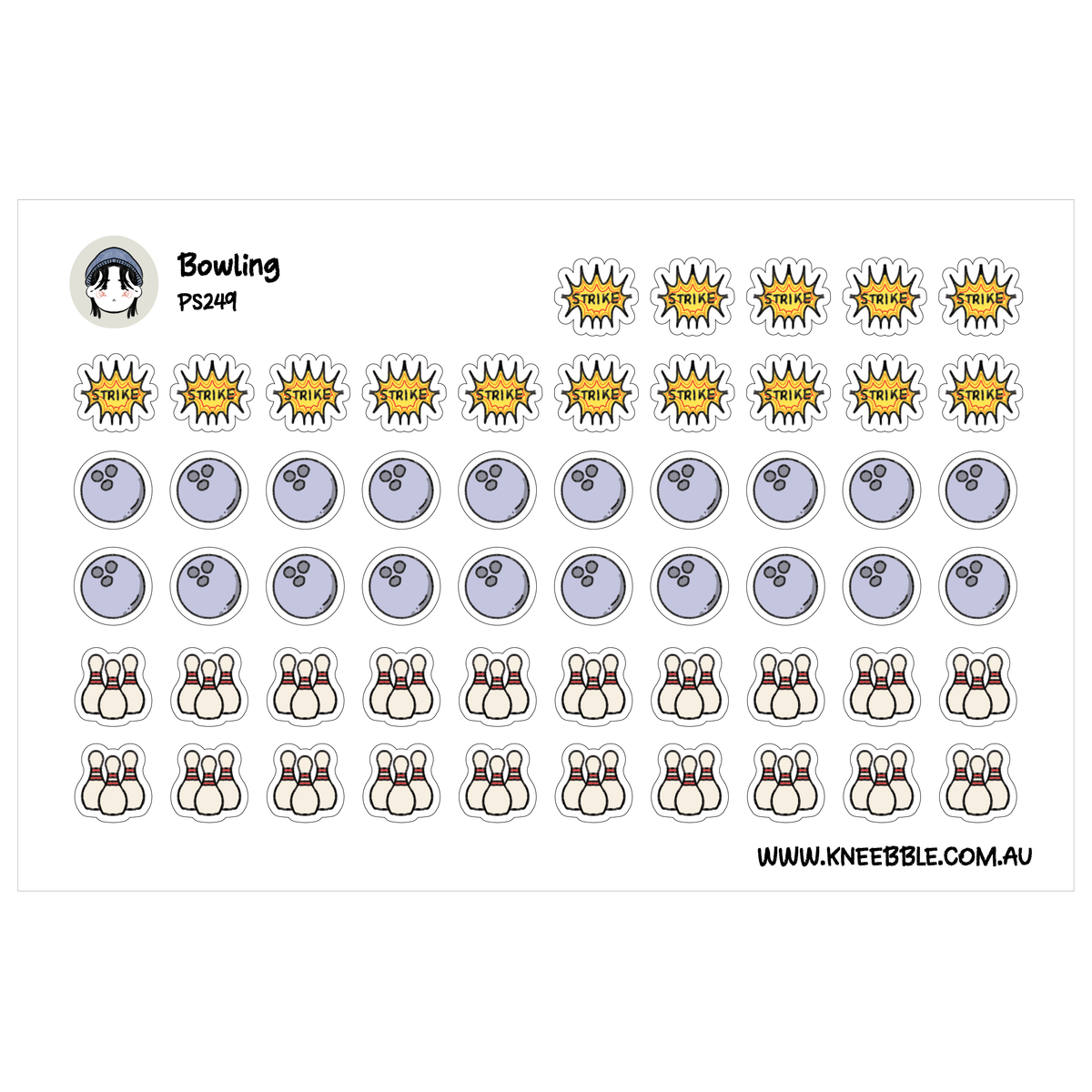 Bowling planner sticker sheet featuring yellow Strike bursts alongside purple bowling balls and white pins.