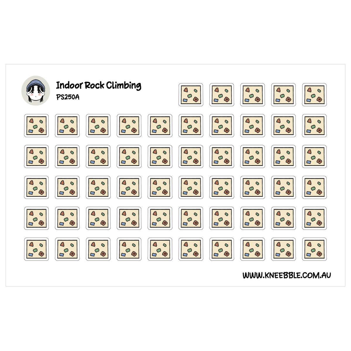 Planner sticker sheet featuring rows of square beige indoor climbing walls with colourful holds.