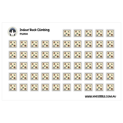 Planner sticker sheet featuring rows of square beige indoor climbing walls with colourful holds.