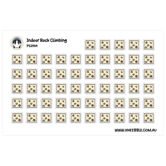 Planner sticker sheet featuring rows of square beige indoor climbing walls with colourful holds.