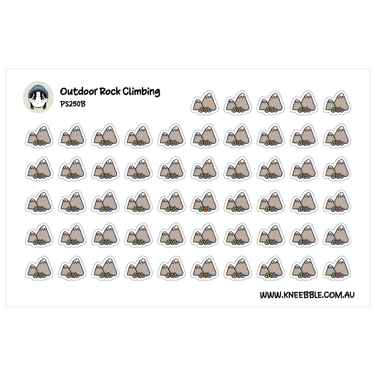 Outdoor climbing sticker sheet featuring rows of grey mountain peaks with small coloured rocks at their bases.
