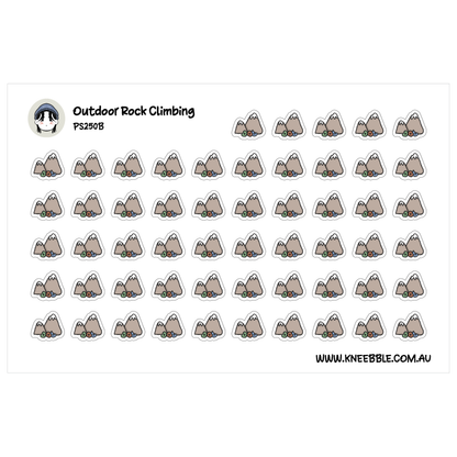 Outdoor climbing sticker sheet featuring rows of grey mountain peaks with small coloured rocks at their bases.