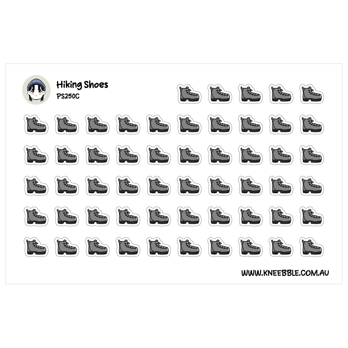 Hiking planner sticker sheet featuring rows of grey lace-up boots with black soles.
