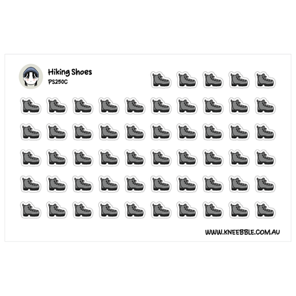 Hiking planner sticker sheet featuring rows of grey lace-up boots with black soles.