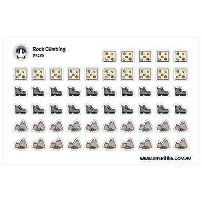 Rock climbing sticker sheet featuring indoor climbing walls alongside grey hiking boots and mountain icons.