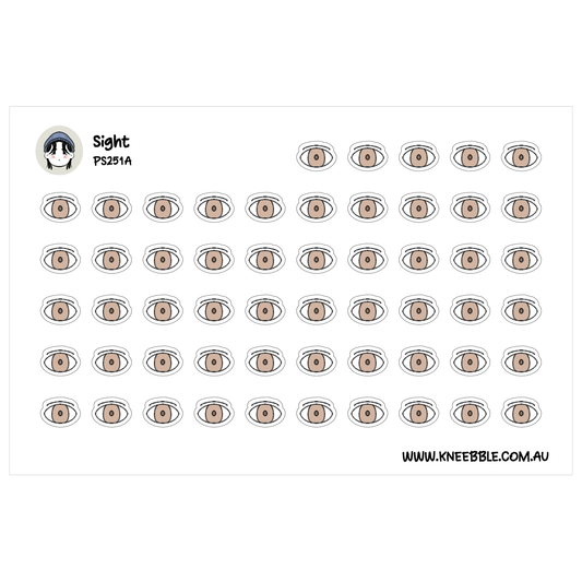 Sight sensory planner sticker sheet featuring rows of open eye icons with brown irises and black outlines.