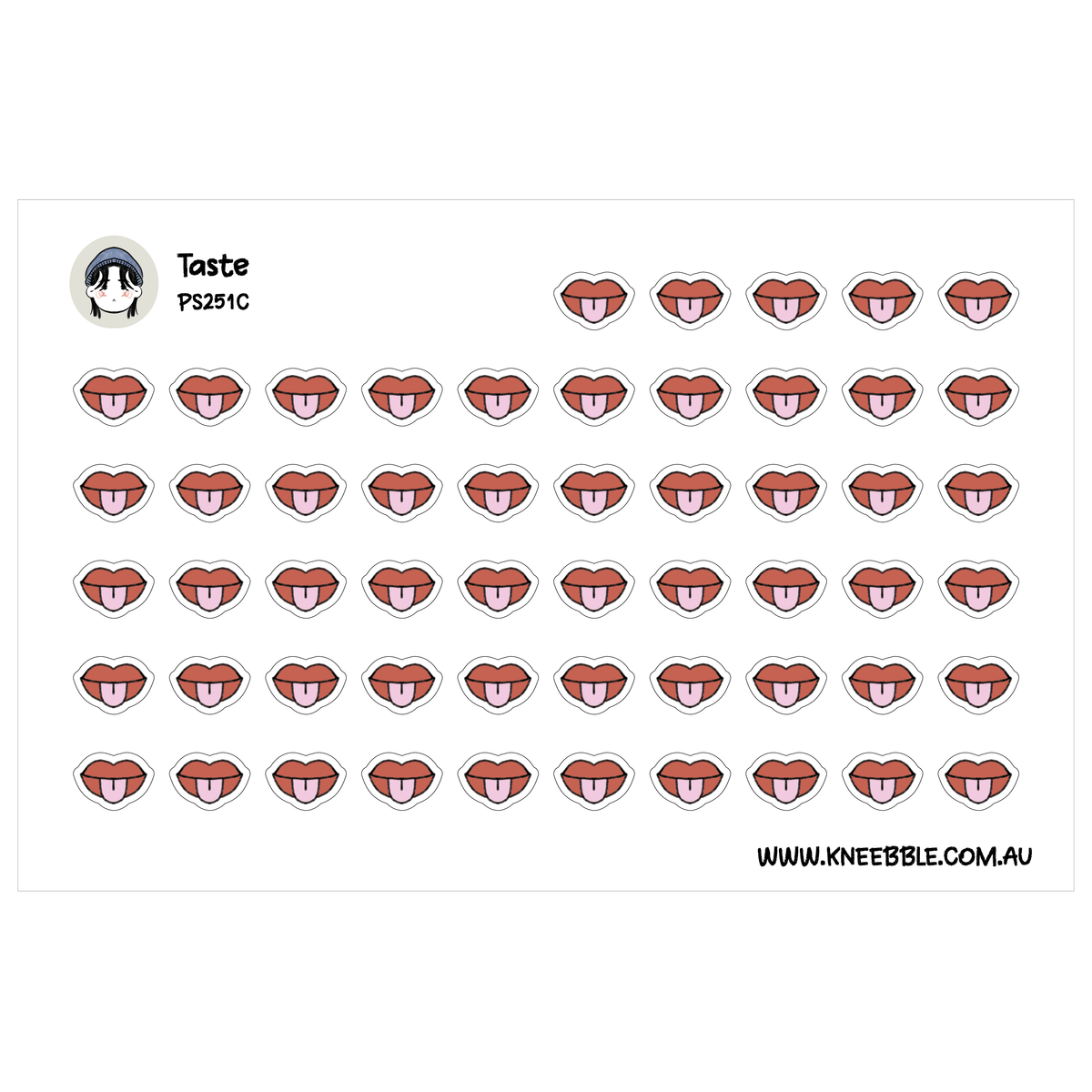 Taste sensory planner sticker sheet featuring rows of red lips with pink tongues sticking out.