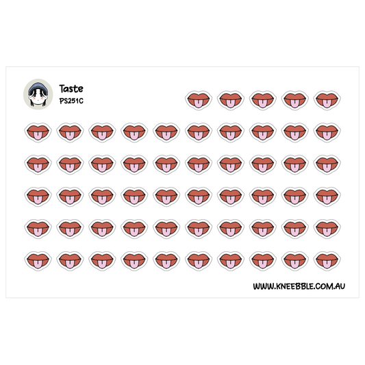 Taste sensory planner sticker sheet featuring rows of red lips with pink tongues sticking out.