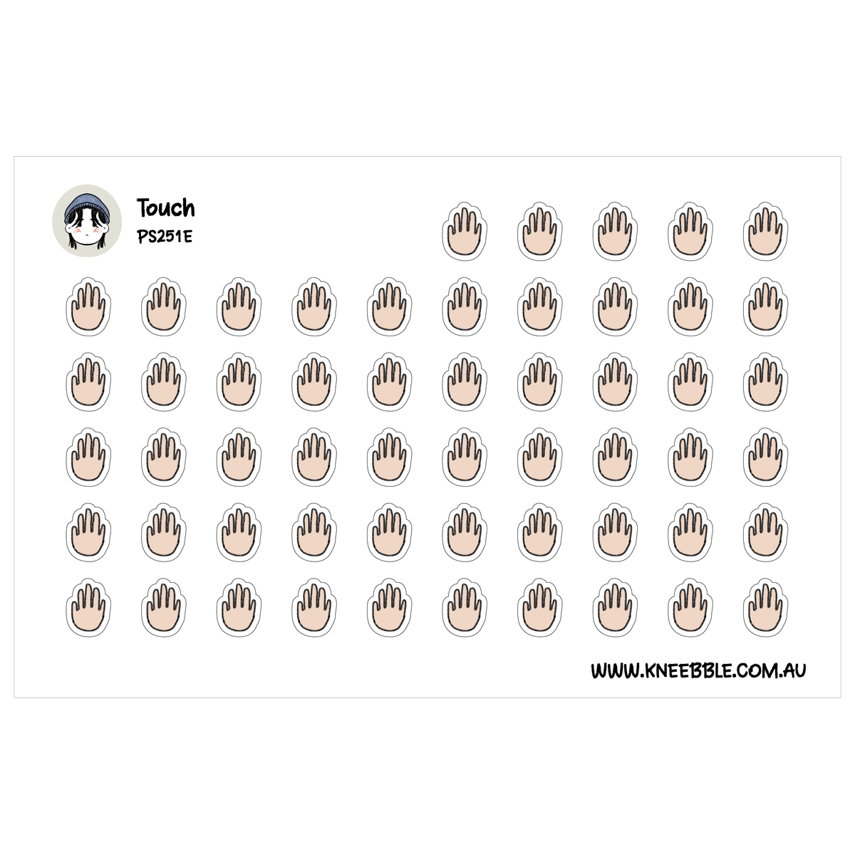 Touch sensory journal sticker sheet featuring rows of beige hand icons with black outlines.