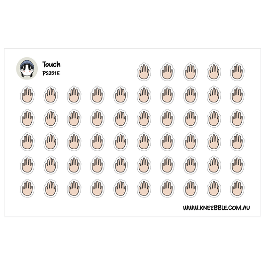 Touch sensory journal sticker sheet featuring rows of beige hand icons with black outlines.