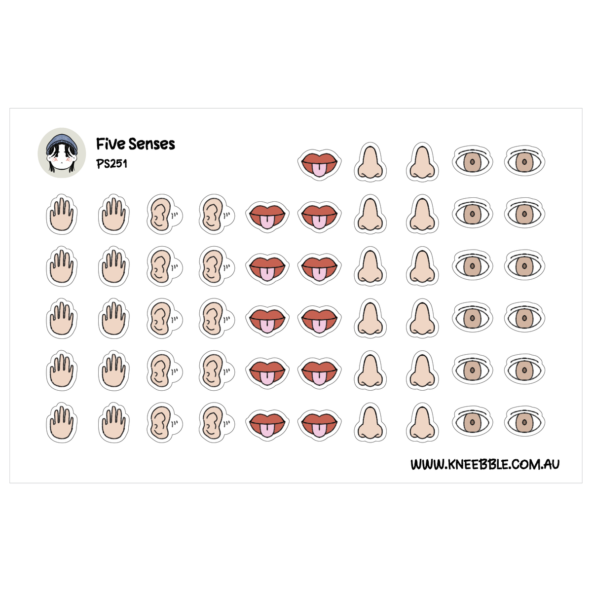 Five senses planner sticker sheet featuring hand and ear icons alongside tongues and noses and brown eyes.