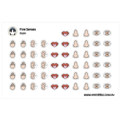 Five senses planner sticker sheet featuring hand and ear icons alongside tongues and noses and brown eyes.