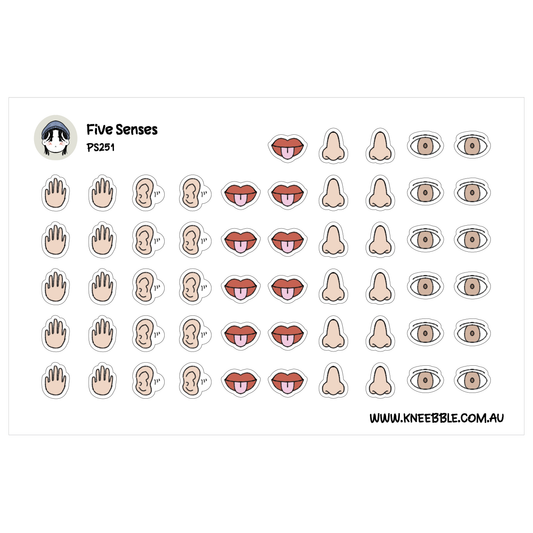 Five senses planner sticker sheet featuring hand and ear icons alongside tongues and noses and brown eyes.