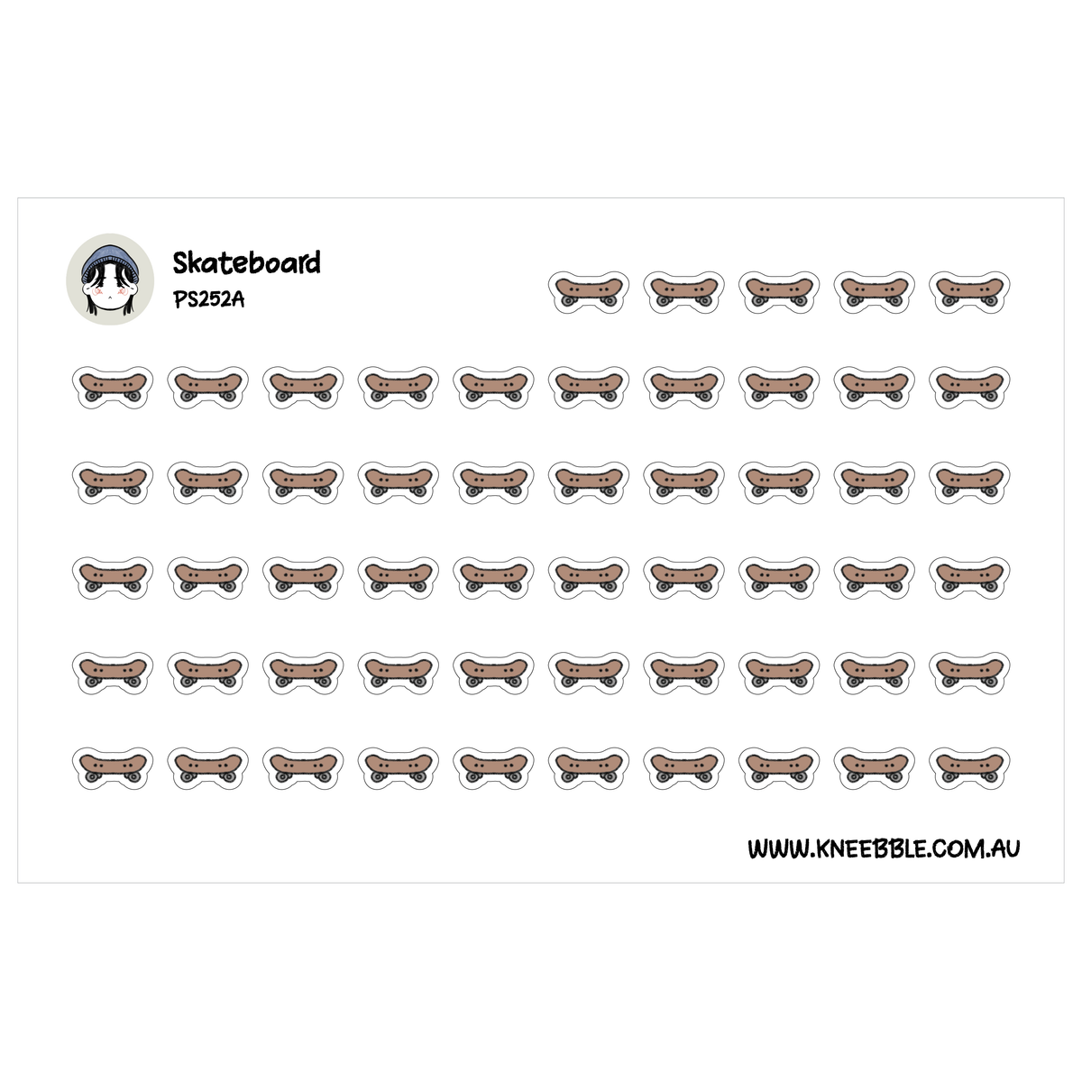 Skateboarding planner sticker sheet featuring rows of brown skateboards with small wheels.