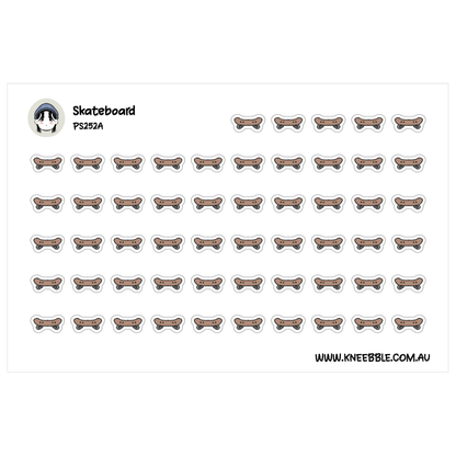 Skateboarding planner sticker sheet featuring rows of brown skateboards with small wheels.