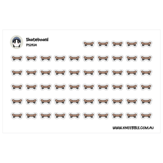 Skateboarding planner sticker sheet featuring rows of brown skateboards with small wheels.