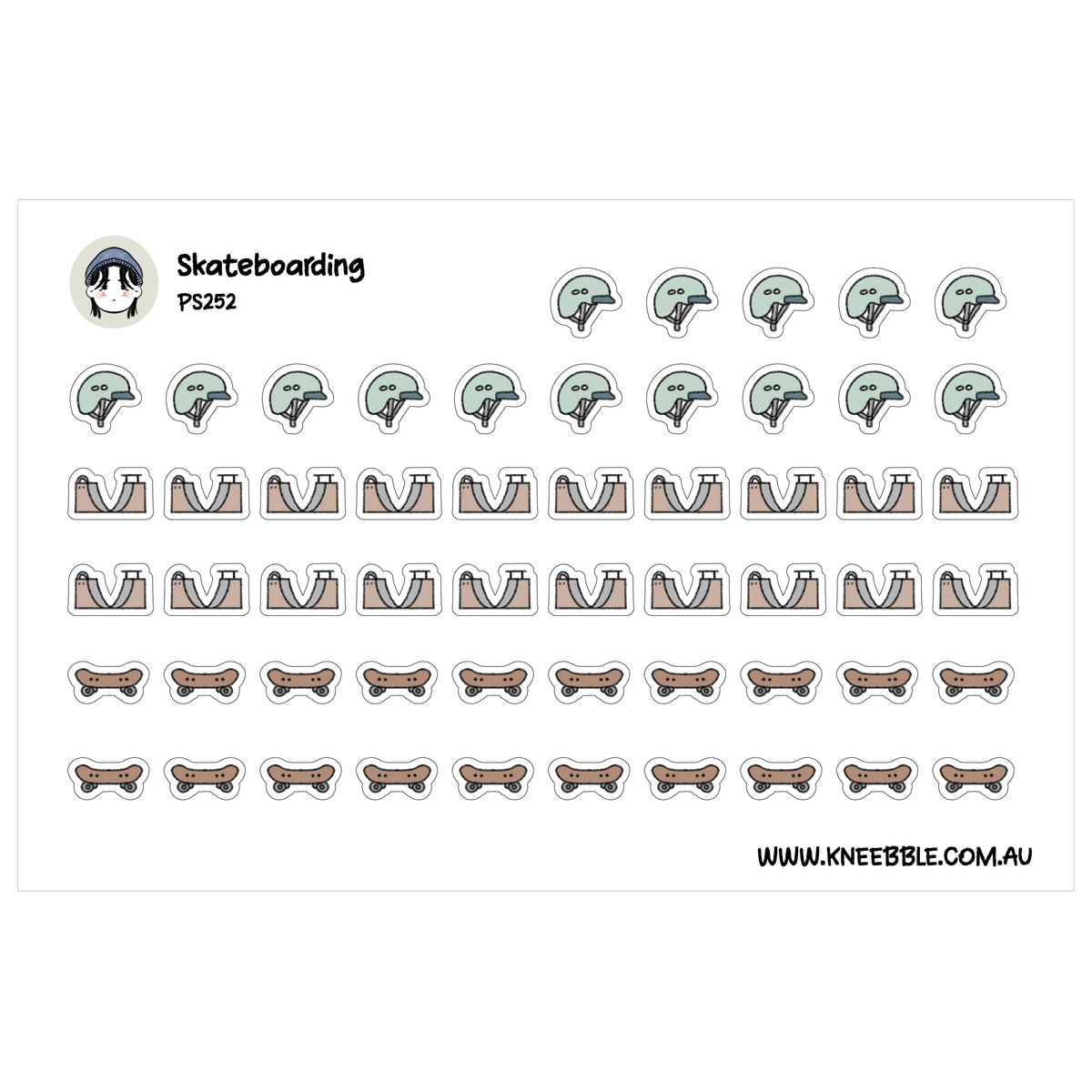 Skateboarding sticker sheet featuring pale green helmets alongside brown ramps and skateboards.