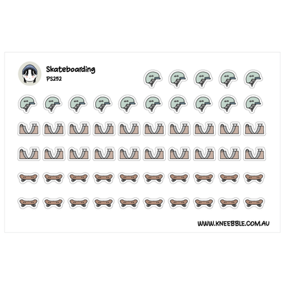 Skateboarding sticker sheet featuring pale green helmets alongside brown ramps and skateboards.