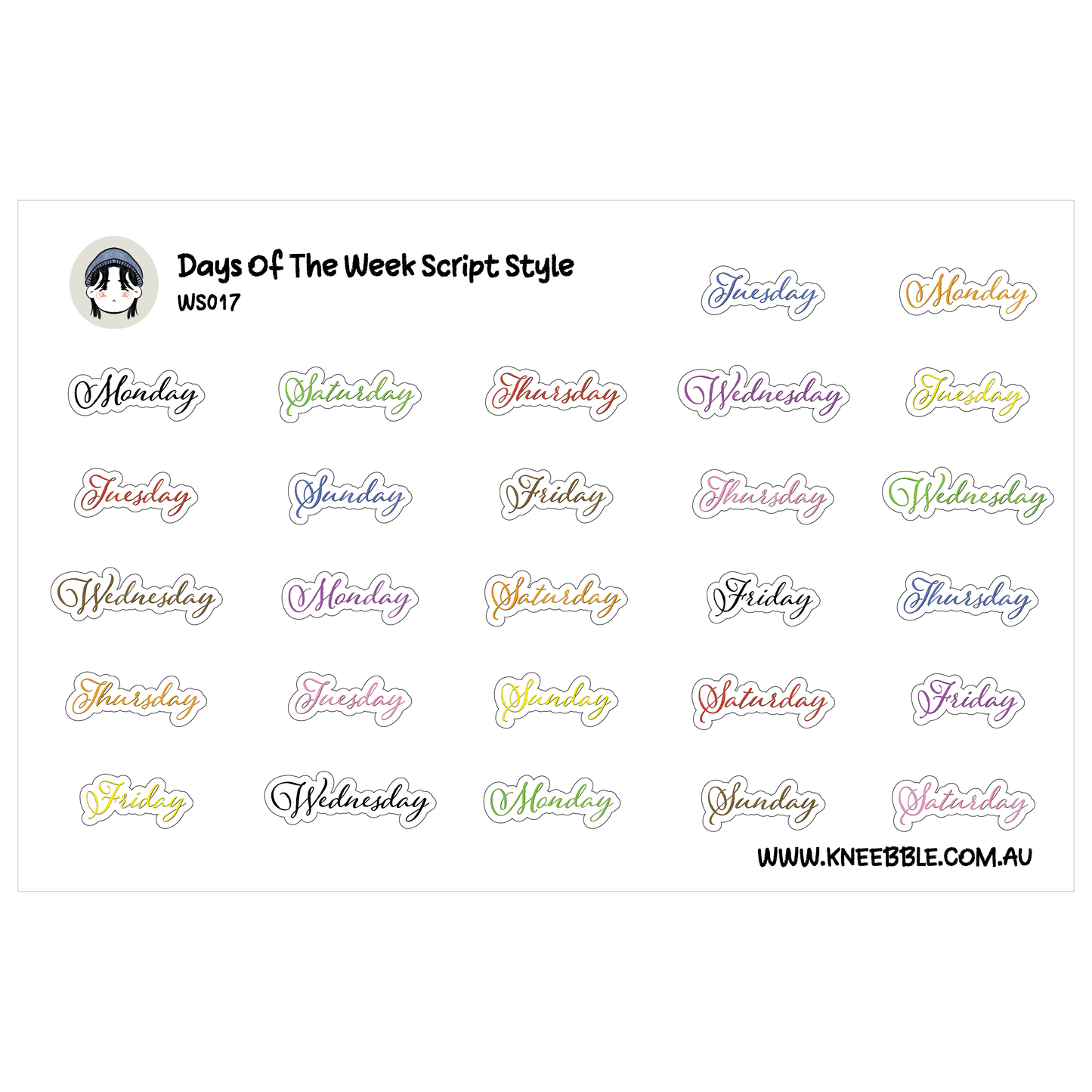 Days Of The Week Planner Stickers - Text Cursive Script Style