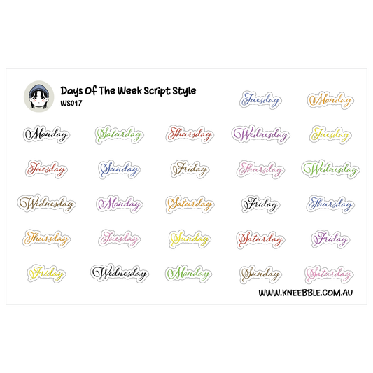 Days Of The Week Planner Stickers - Text Cursive Script Style