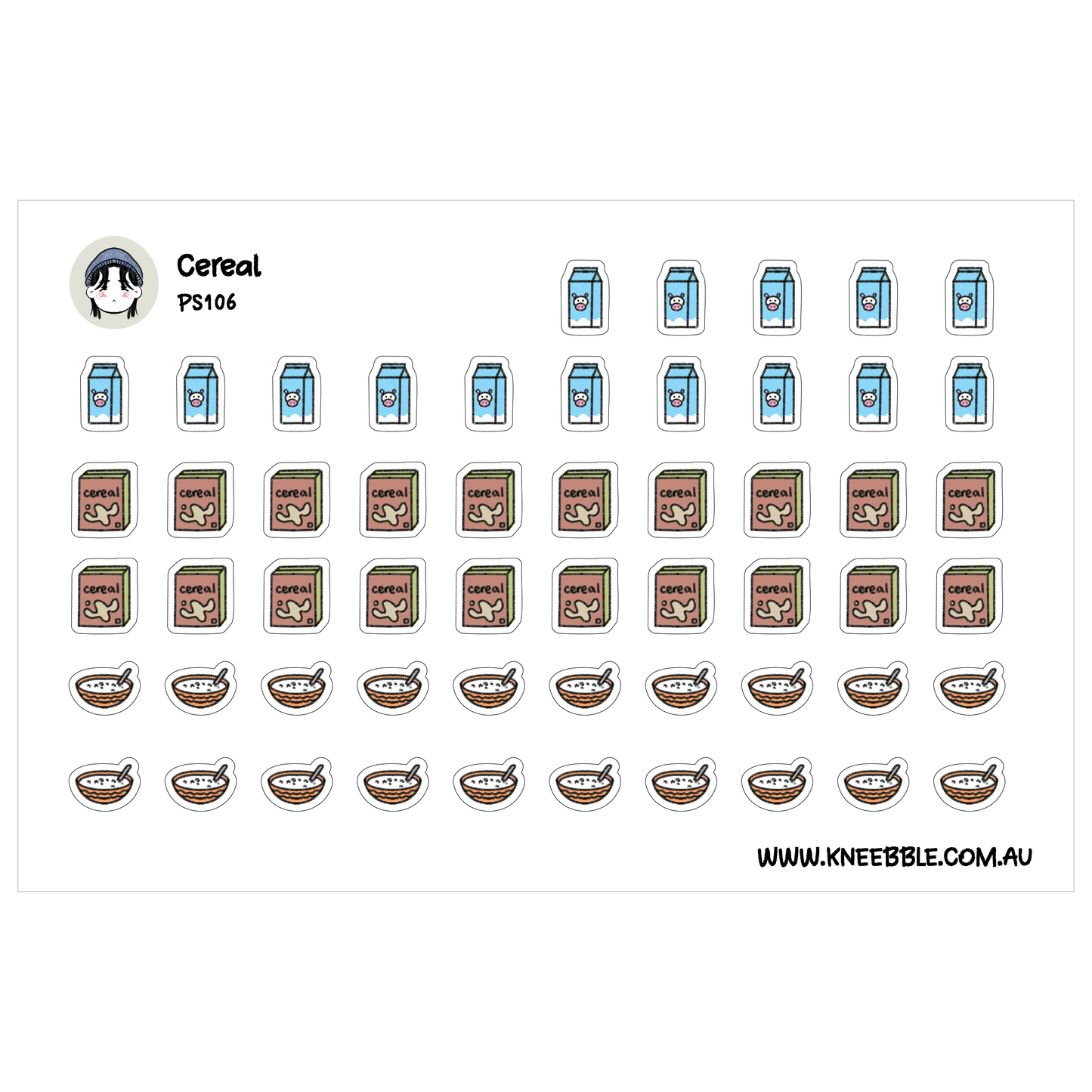 a grid of various cereal-related icons and illustrations, including boxes, cartons, and bowls, arranged in a visually appealing layout.