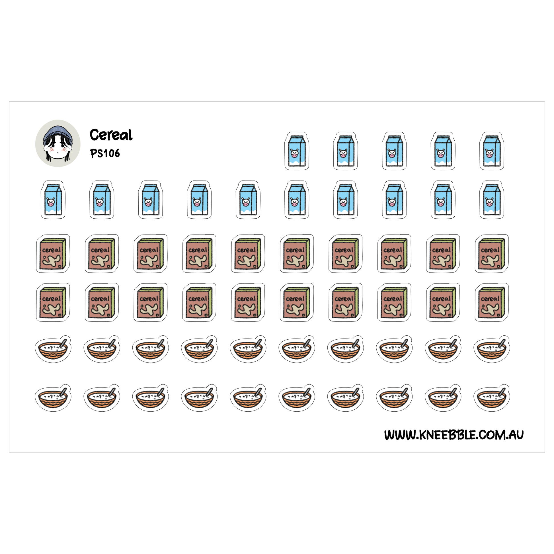 a grid of various cereal-related icons and illustrations, including boxes, cartons, and bowls, arranged in a visually appealing layout.