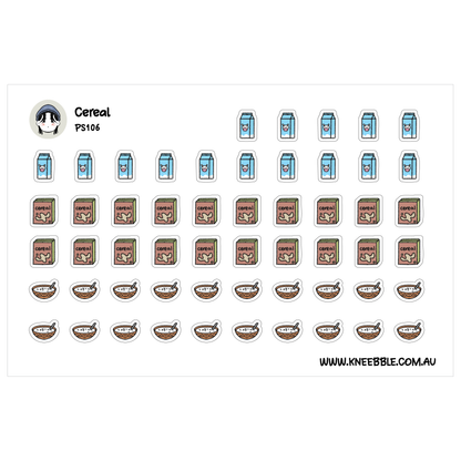 a grid of various cereal-related icons and illustrations, including boxes, cartons, and bowls, arranged in a visually appealing layout.