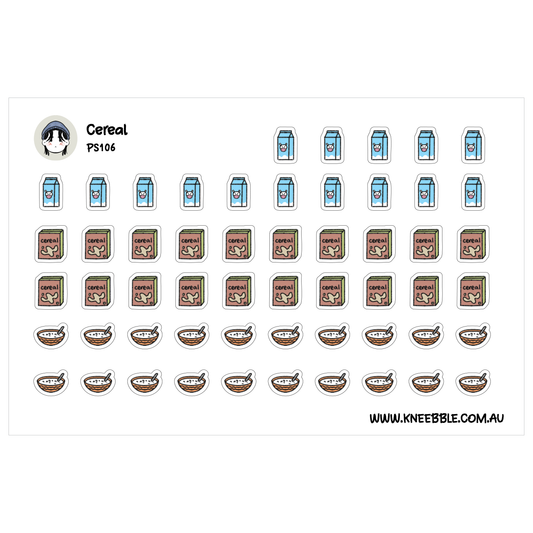 a grid of various cereal-related icons and illustrations, including boxes, cartons, and bowls, arranged in a visually appealing layout.