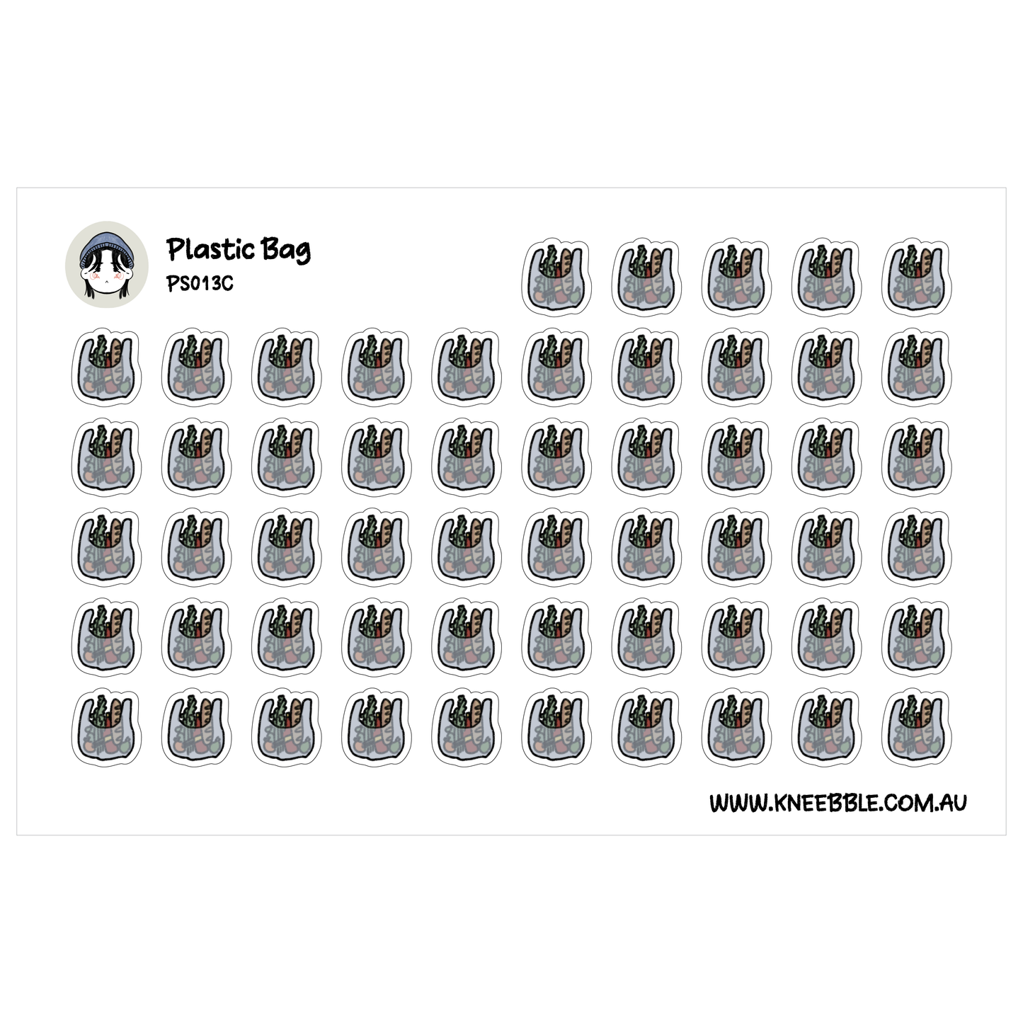 a grid of identical gray and white stickers, each depicting a plastic bag.