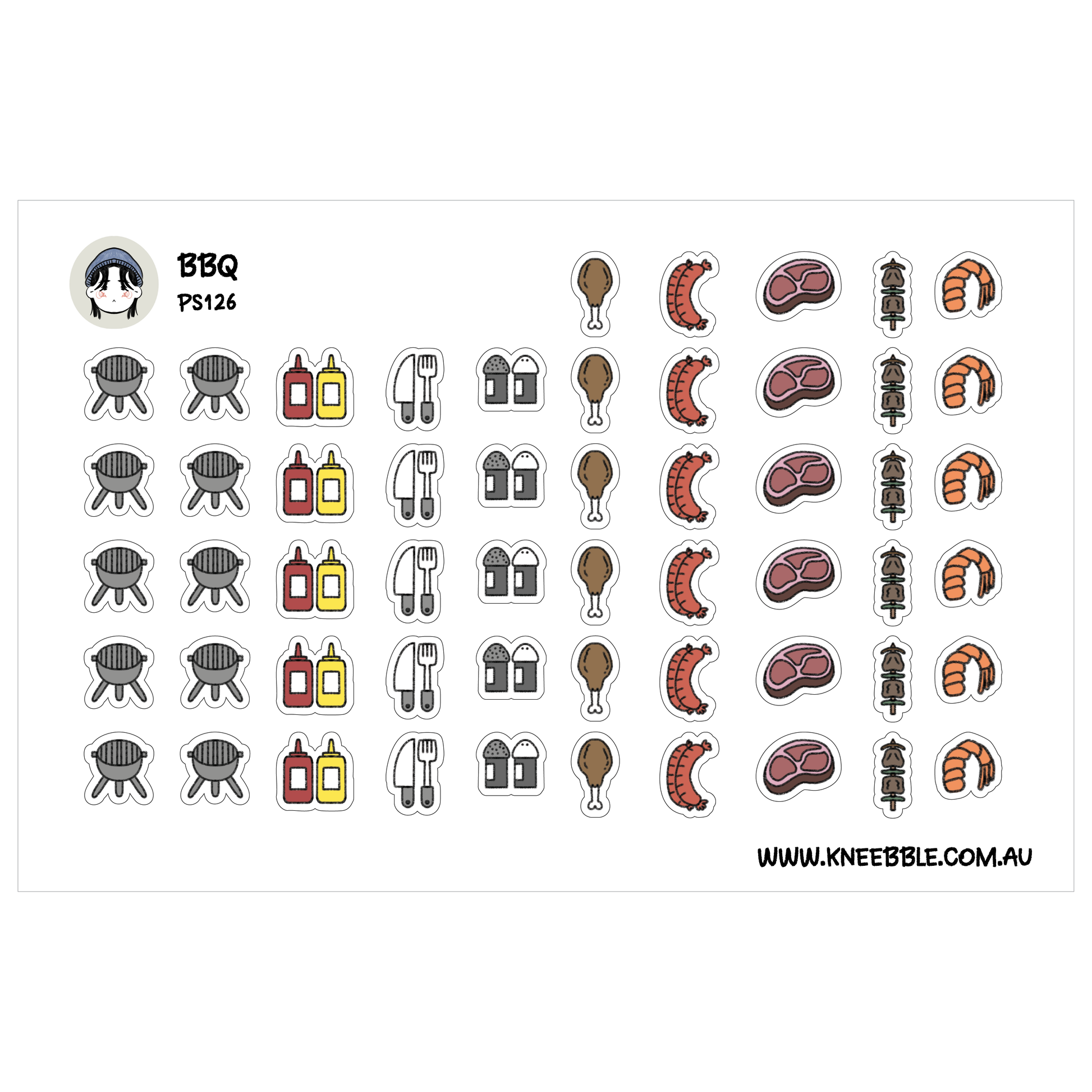 various icons representing different BBQ-related items, such as grills, hamburgers, hot dogs, and shrimp.