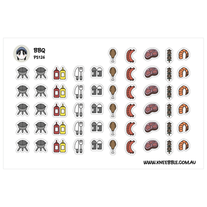 various icons representing different BBQ-related items, such as grills, hamburgers, hot dogs, and shrimp.