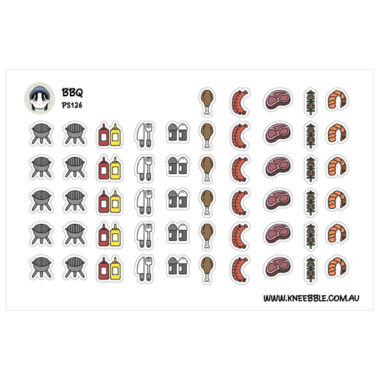 various icons representing different BBQ-related items, such as grills, hamburgers, hot dogs, and shrimp.