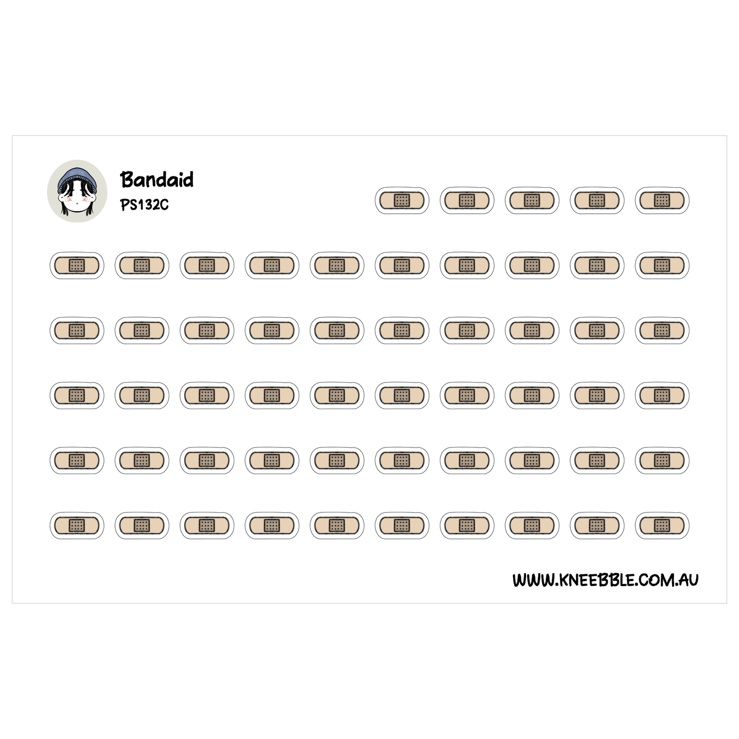a grid of small beige bandaids arranged in rows and columns, with the text "Bandaid" and "PS12C" visible.