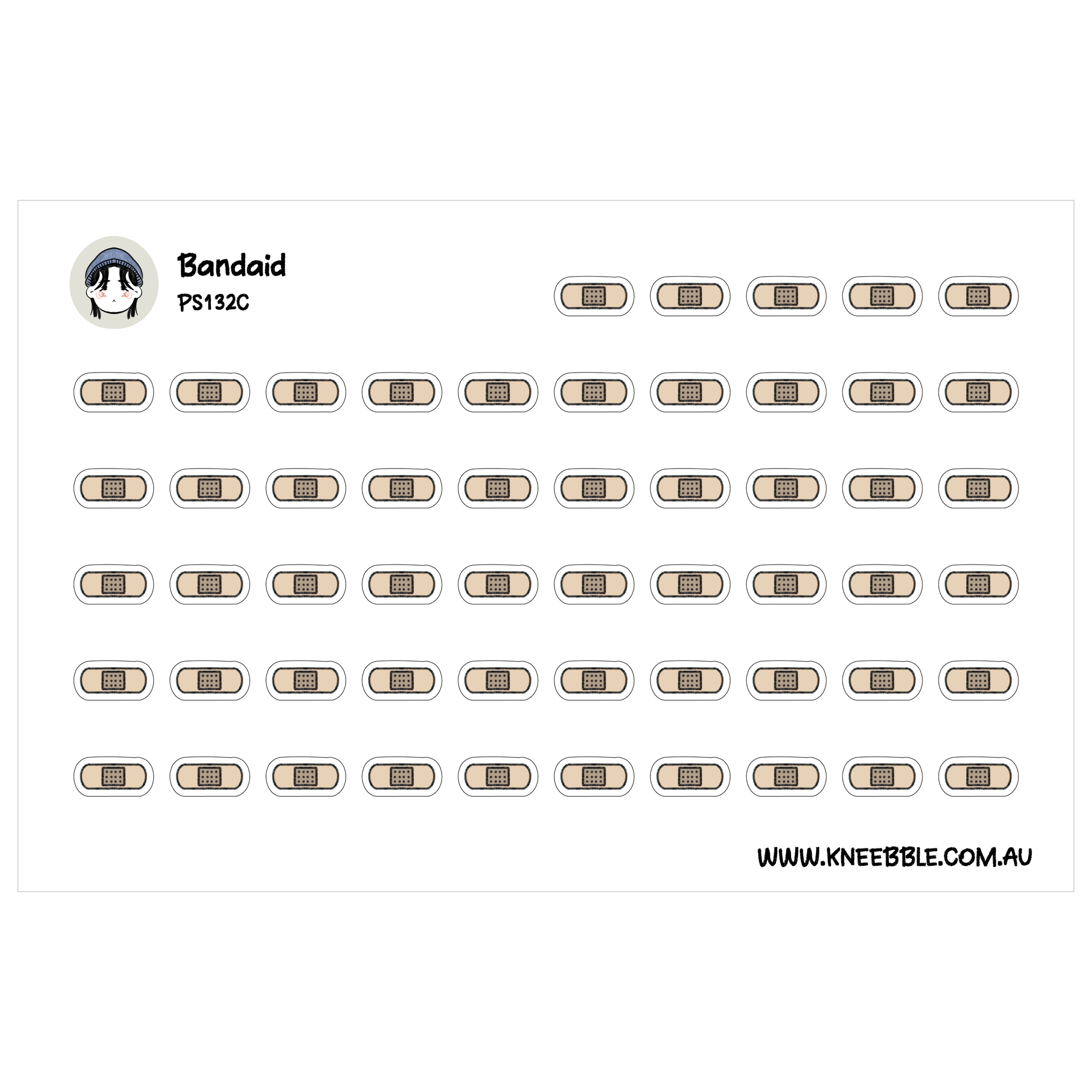 a grid of small beige bandaids arranged in rows and columns, with the text "Bandaid" and "PS12C" visible.