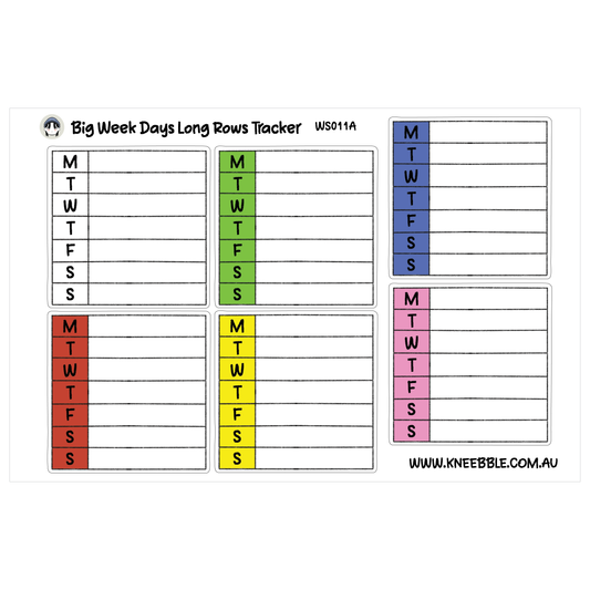 The image is a colorful tracking chart for a "Big Week Days Long Rows Tracker" with a grid layout. The chart has a variety of colored columns and rows, and the text is written in a clear and organized manner.