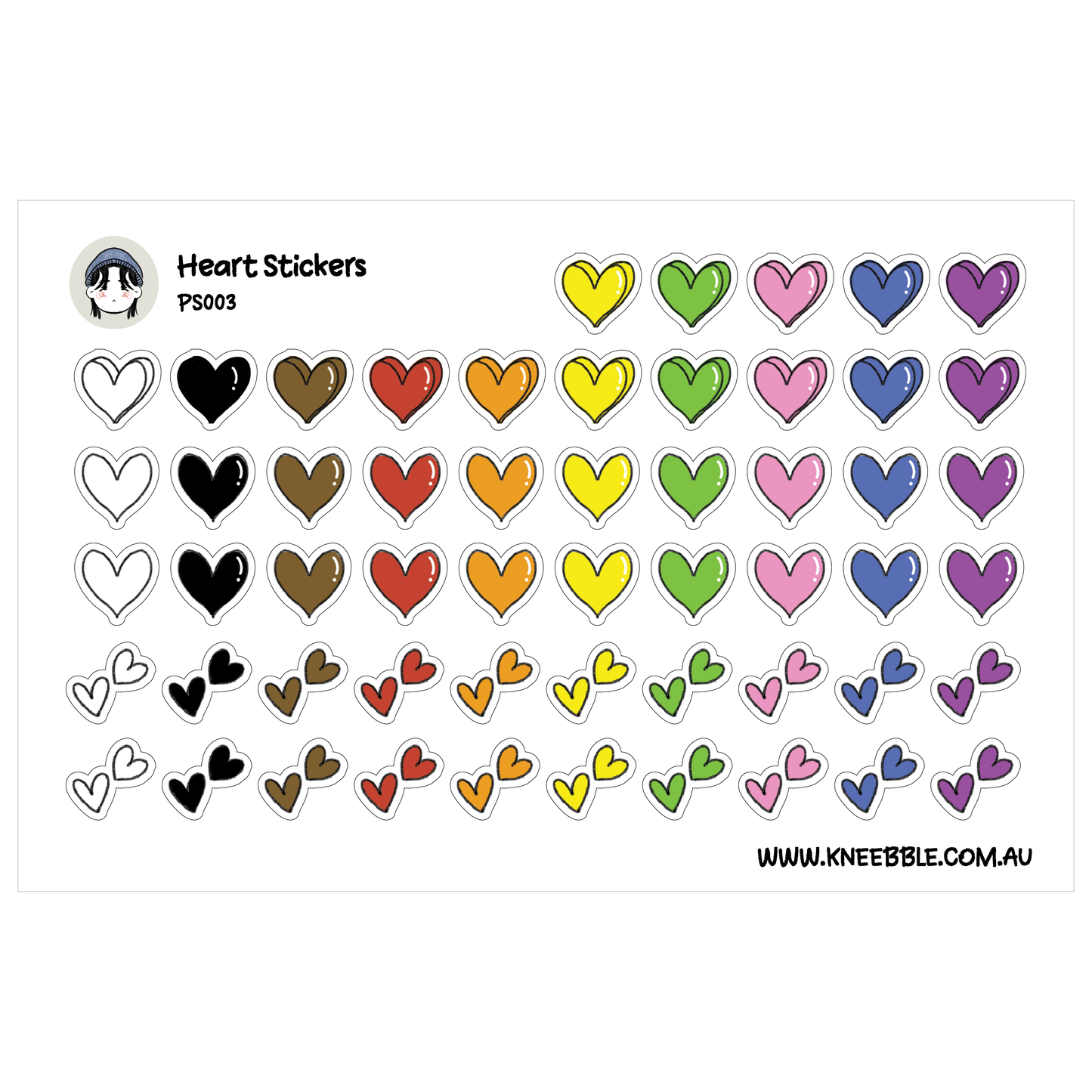 a collection of heart-shaped stickers in various colors and styles, including black and white, brown, orange, yellow, green, pink, blue, purple, and more.