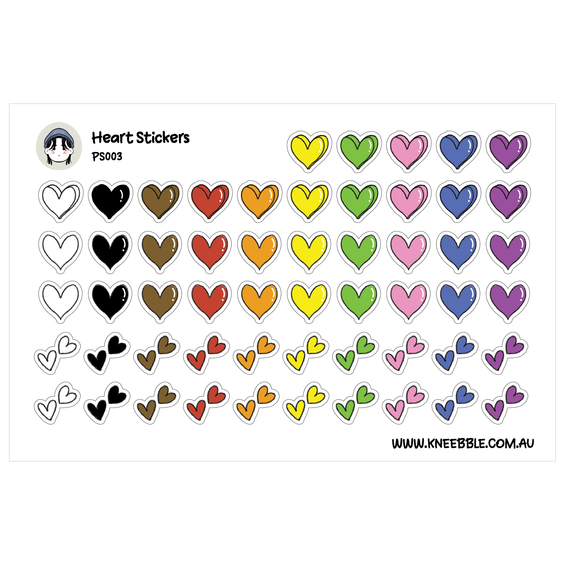 a collection of heart-shaped stickers in various colors and styles, including black and white, brown, orange, yellow, green, pink, blue, purple, and more.
