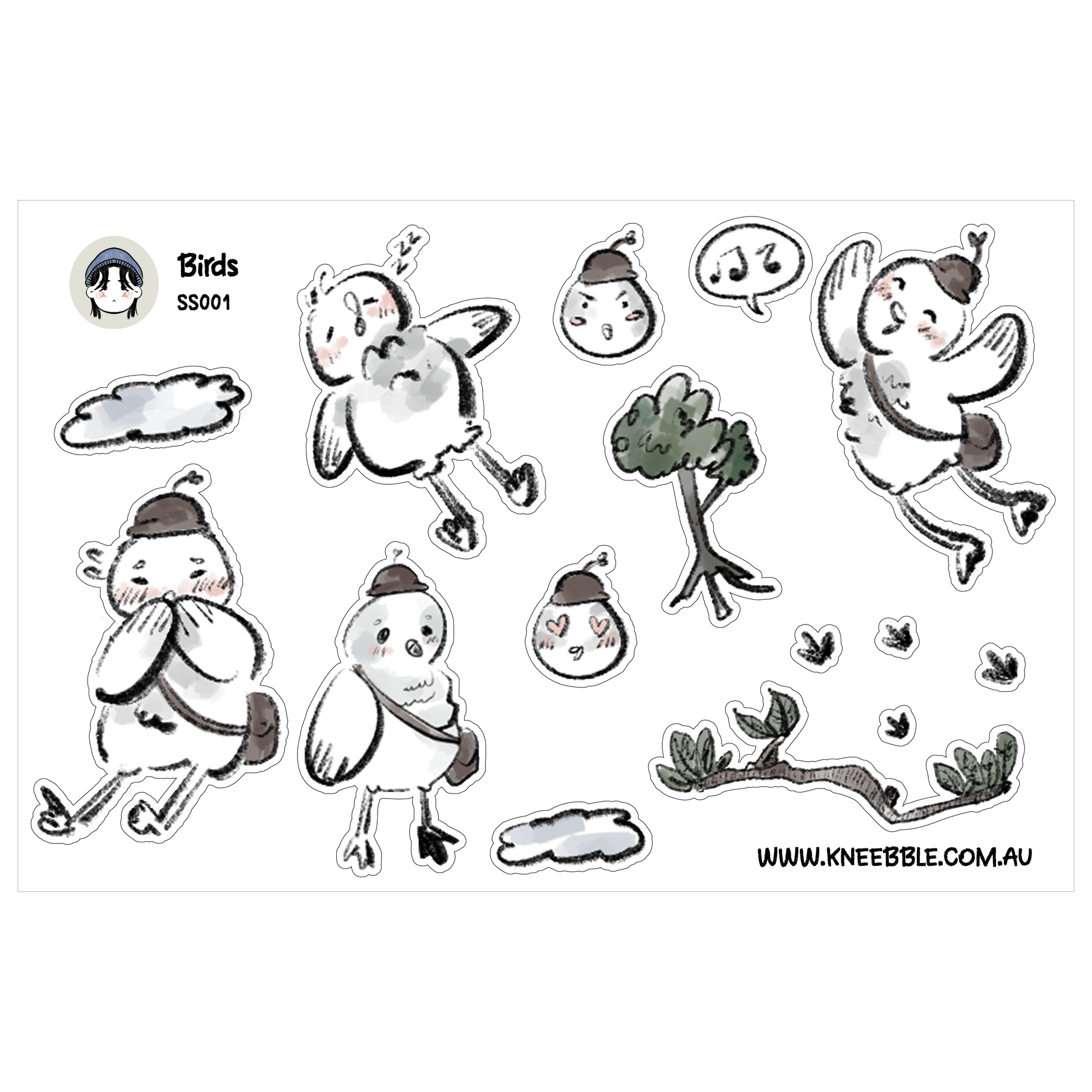 a collection of cartoon-style bird illustrations, including one flying, one sitting, and one perched on a branch.