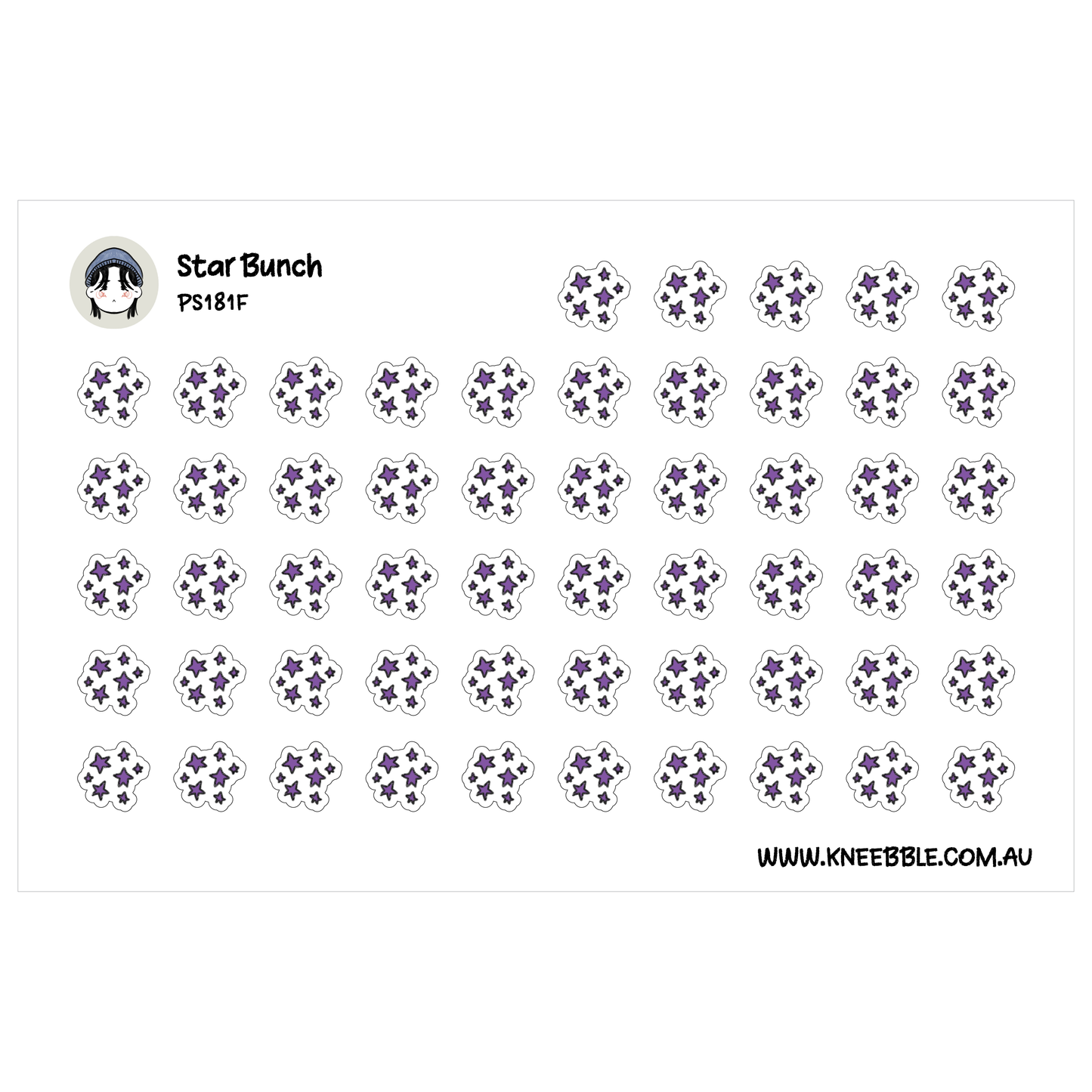 a grid of small purple star-shaped stickers arranged in rows and columns.