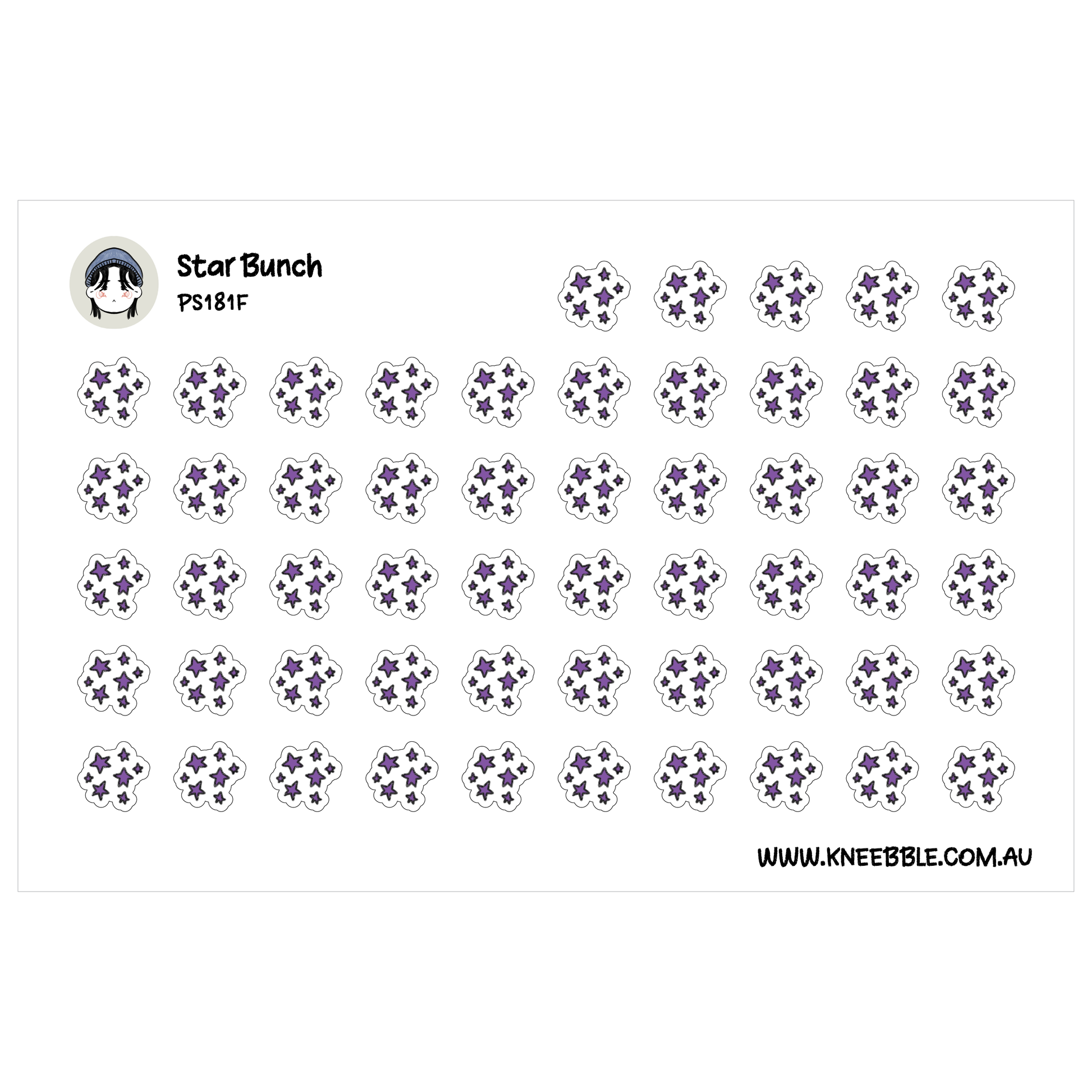 a grid of small purple star-shaped stickers arranged in rows and columns.
