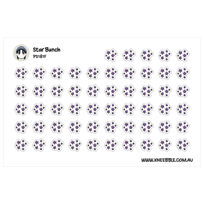 a grid of small purple star-shaped stickers arranged in rows and columns.