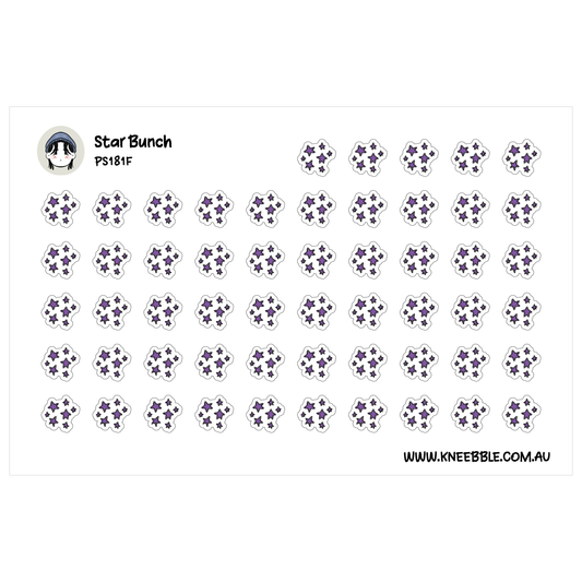 a grid of small purple star-shaped stickers arranged in rows and columns.