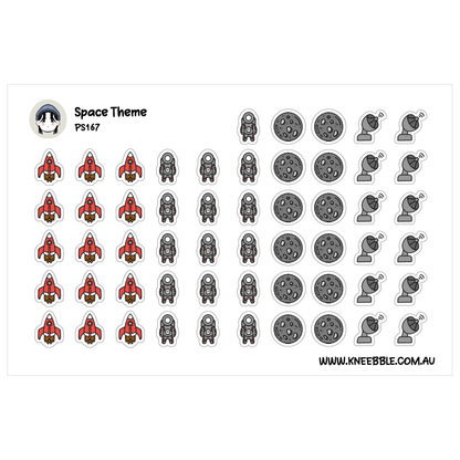 a collection of space-themed stickers, including rocket ships, astronauts, and various celestial objects.