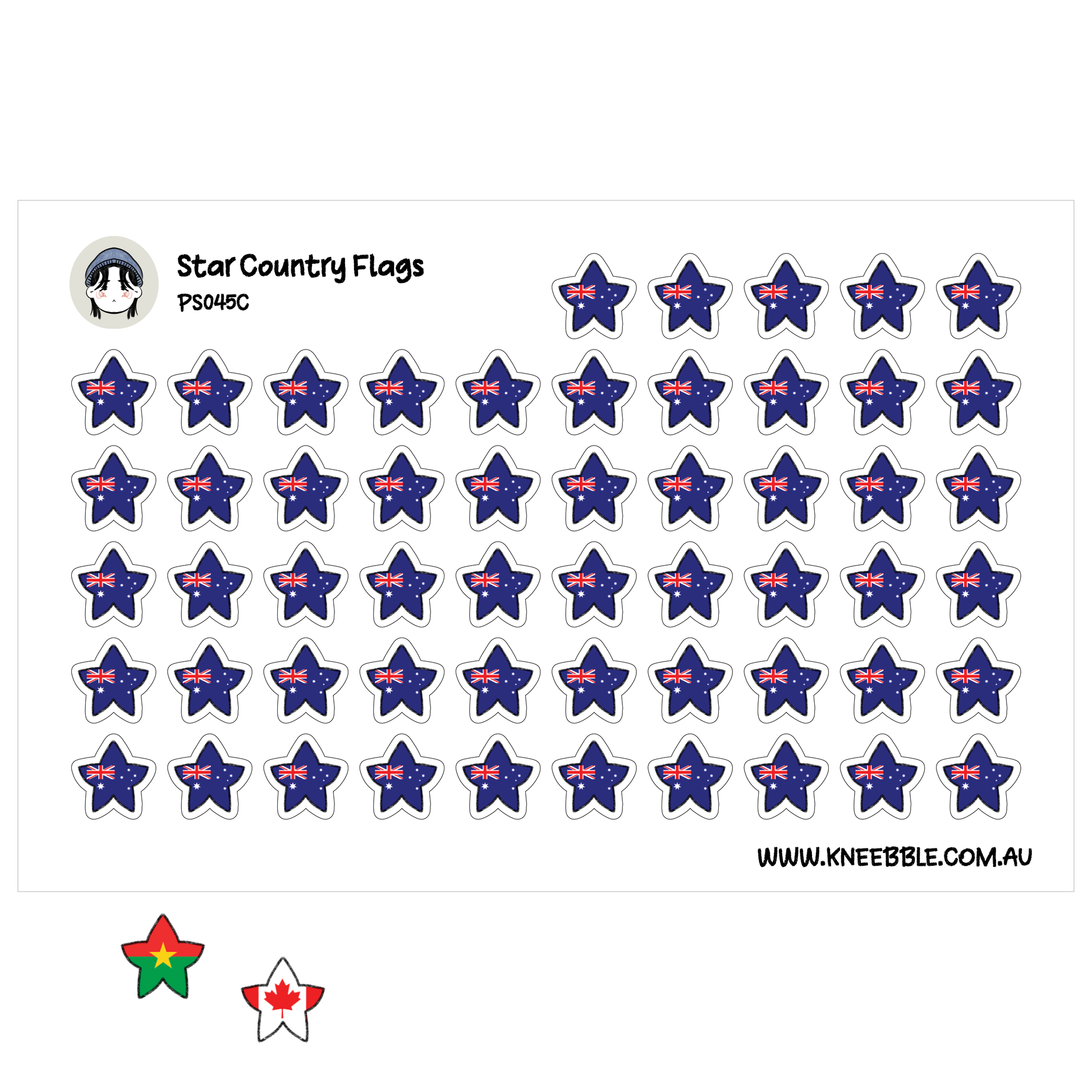 a grid of small star-shaped stickers, each featuring a blue star with a red and white design. The stickers are arranged in rows and columns, creating a visually organized and repetitive pattern.