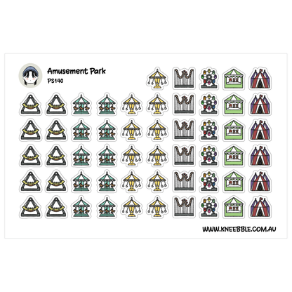 a collection of various amusement park-related icons and symbols, including carousel horses, ferris wheels, and other rides.