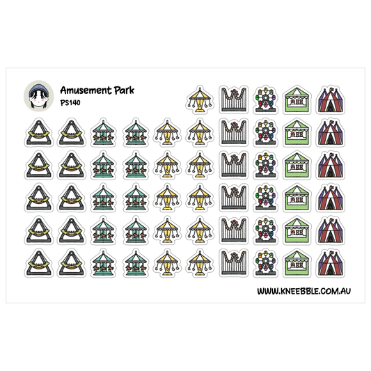 a collection of various amusement park-related icons and symbols, including carousel horses, ferris wheels, and other rides.