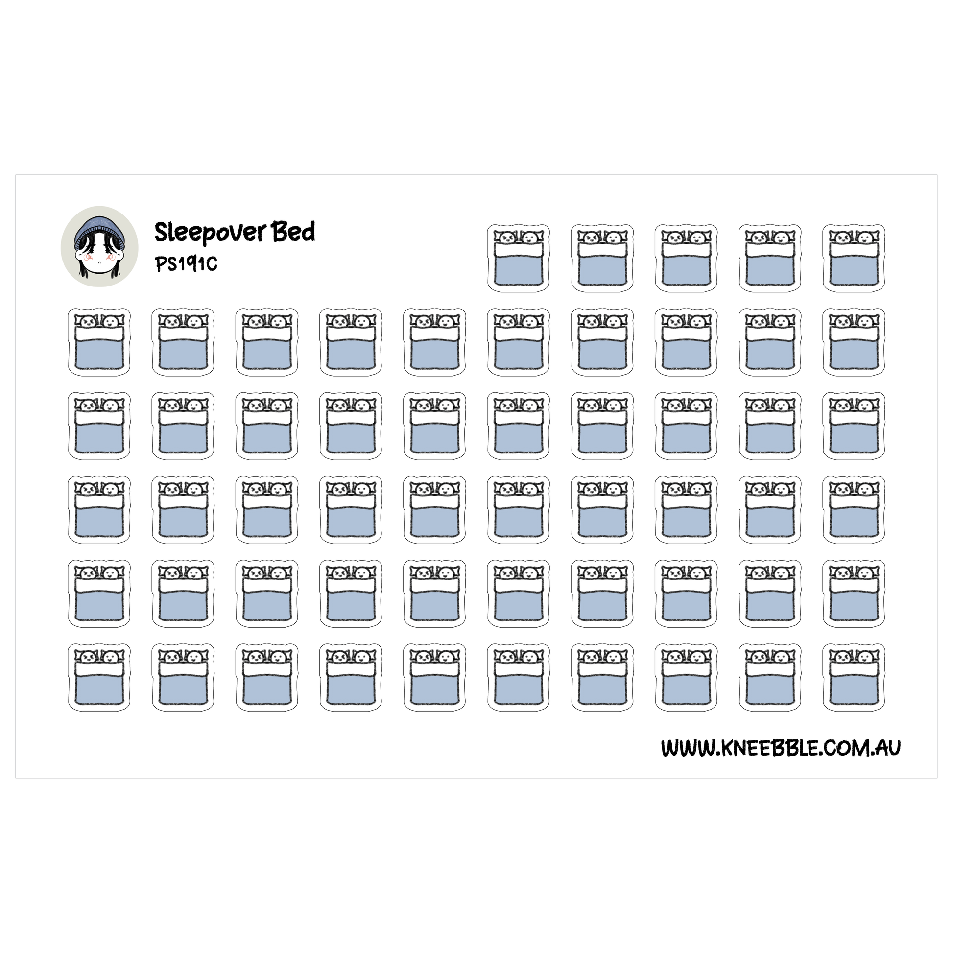 The image is a grid of small blue squares, each containing a white bed with a cartoon face. The text above the image reads "Sleepover Bed PS1914C".